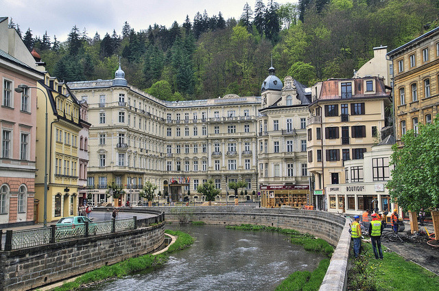 by lights2008 on Flickr.Hotels along the river in the famous spa city of Karlovy Vary, Czech Republic.