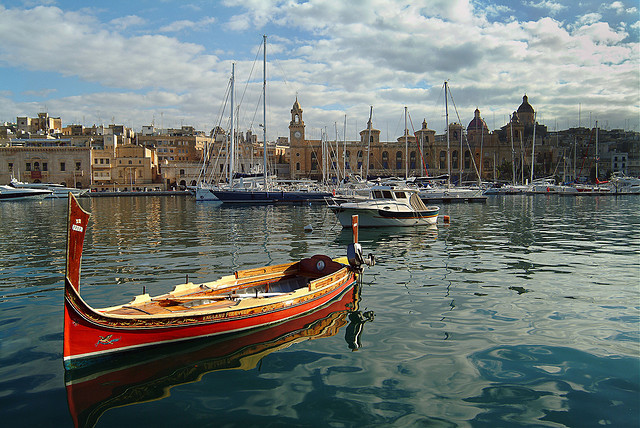 A Maltese dghajsa in the Birgu Marina Waterfront, Cottonera, Malta
