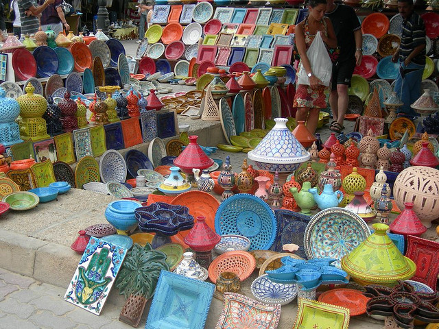 Colorful pottery in Djerba bazaar, Tunisia