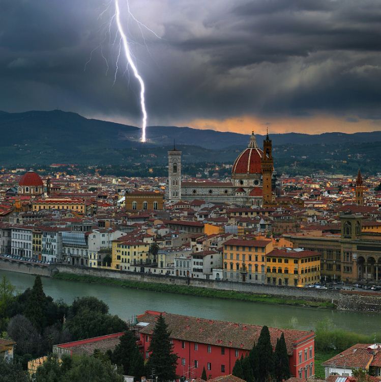 Lightning strike on the hills above Florence, Italy