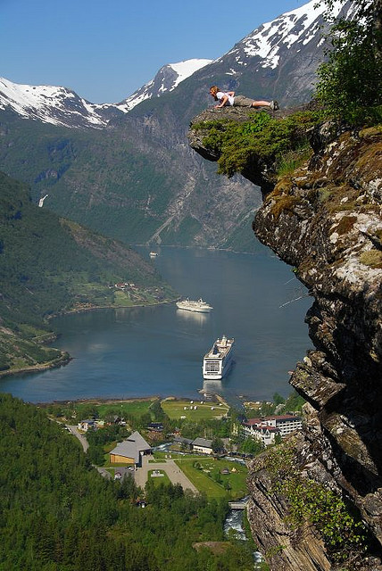 Looking over the edge of Flydalsjuvet, Geirangerfjord, Norway
