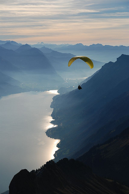 Paraglider above Lake Brienz, Canton of Berne, Switzerland