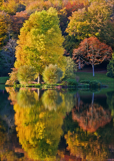 Reflections of autumn at Stourhead Gardens, Wiltshire, England