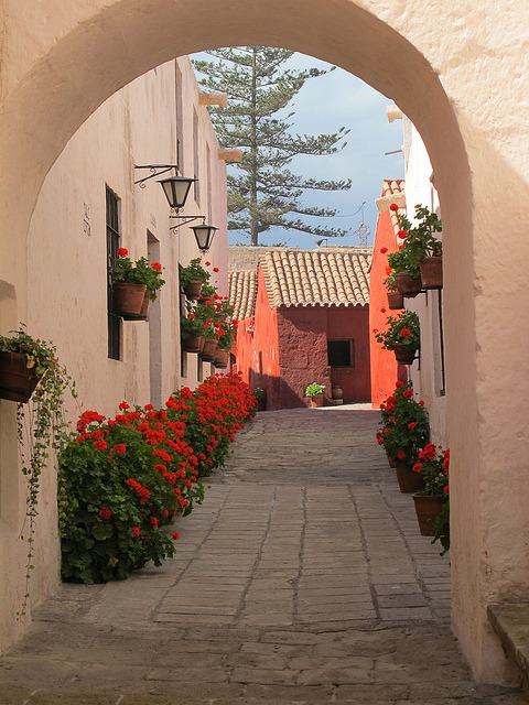 Picturesque alley at Santa Catalina Convent in Arequipa, Peru
