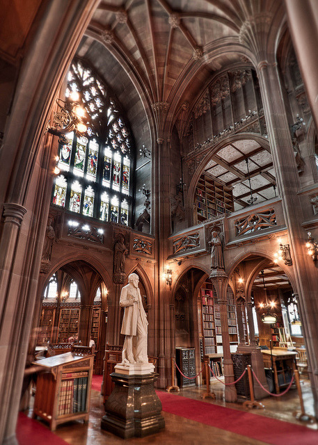 Victorian gothic architecture inside John Rylands Library in Manchester, England