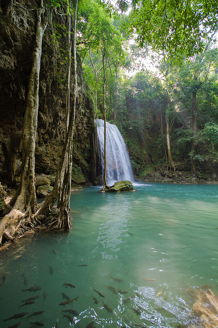 Scenic waterfalls in Erawan National Park, Thailand