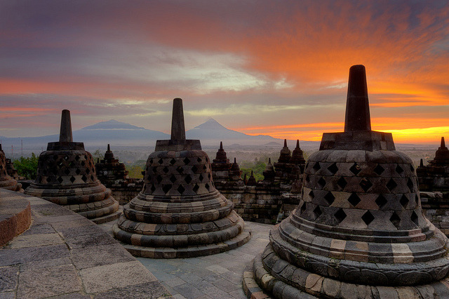 Sunrise over Borobudur Temple in Java, Indonesia