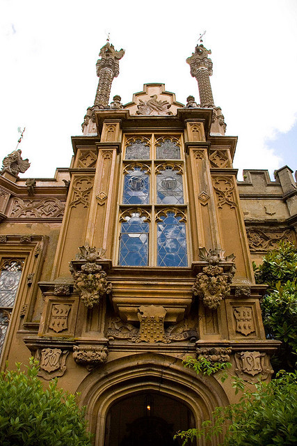 Gothic entrance at Knebworth House in Hertfordshire, England